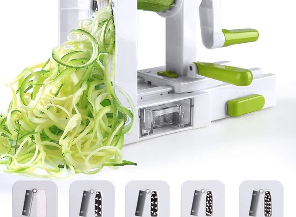 A spiralizing machine makes zucchini noodles