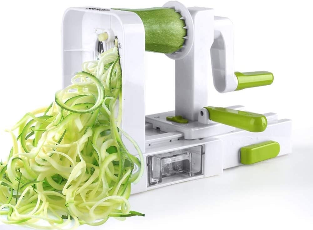 A spiralizing machine makes zucchini noodles