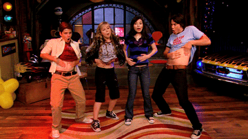 The cast of iCarly strangely rubbing their bellies while dancing