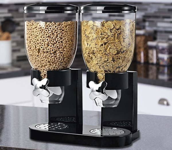 black dual dispenser each one holding cereal