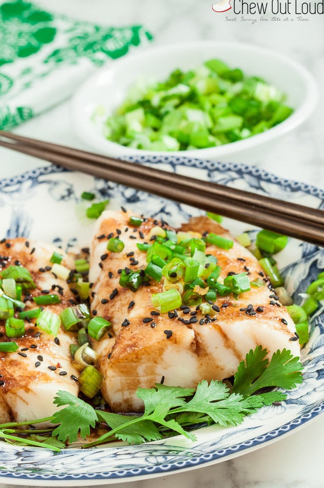 Steamed white fish in a soy ginger sauce with fresh cilantro.