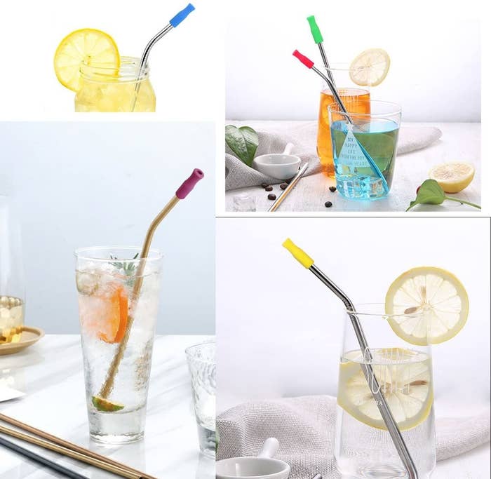 Several drinks with metal straws and straw caps