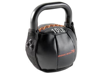 A black 10-pound kettlebell that says 