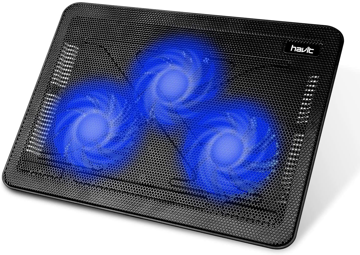 The laptop cooling pad with fans lit up