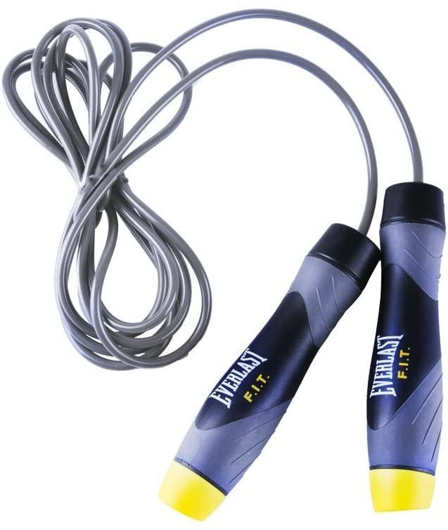 Jump rope with grey rope and yellow-tipped, Everlast-branded handles 
