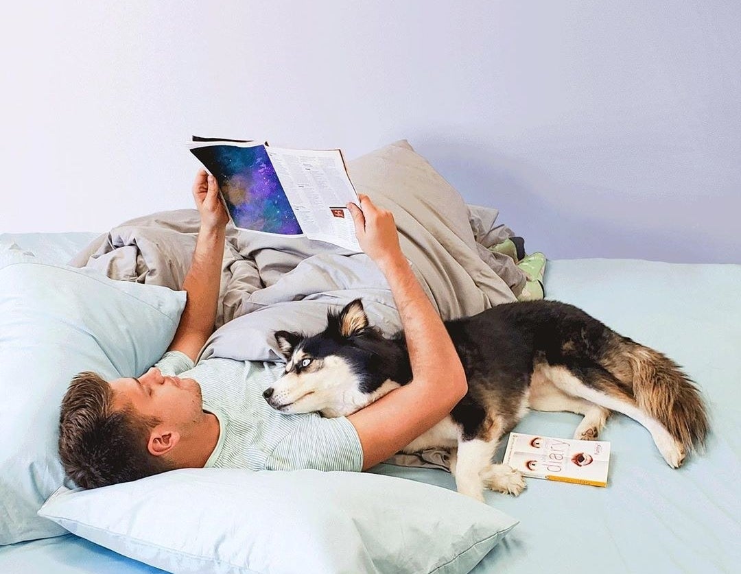 a model in bed on arctic blue sheets reading a magazine and cuddling with their dog