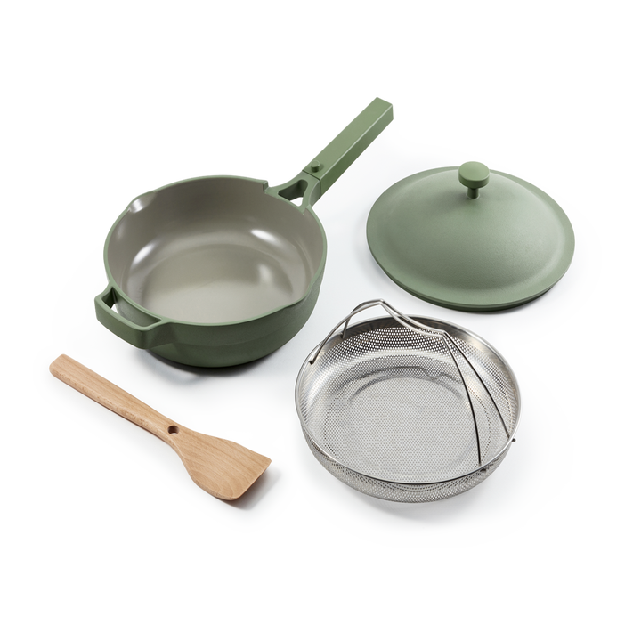 pan shown with top, spoon, and mesh basket