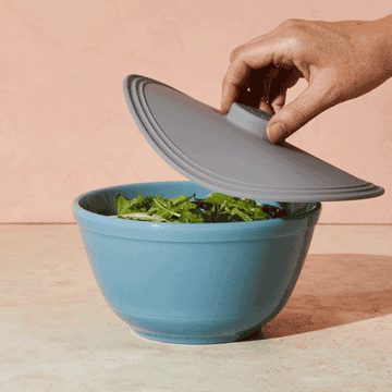 a gif of a model putting lid on bowl and lifting the whole bowl up with the handle on top of the bowl to show it&#x27;s airtight 