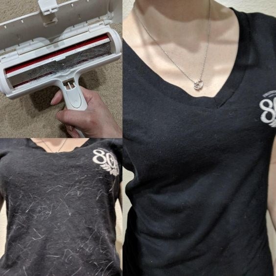Reviewer's picture to show before and after of their shirt covered in pet hair, and then completely clean. It also shows how the pet hair–remover is now filled with fur