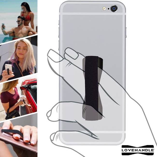 A closeup of a hand with two fingers in the elastic strap on the back of a phone, holding it up; plus several images of models holding their phones too 