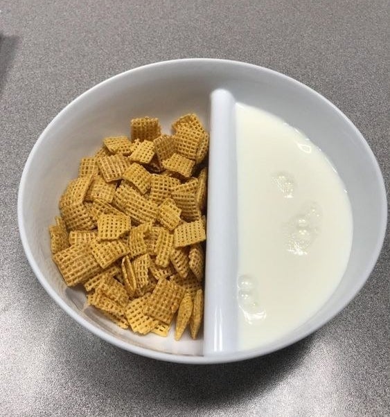 Reviewer&#x27;s split cereal bowl with milk and cereal separated 