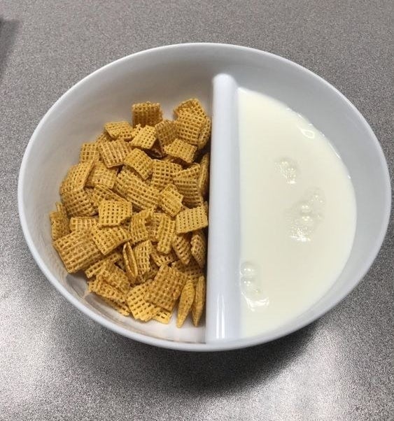 Reviewer&#x27;s split cereal bowl with milk and cereal separated 