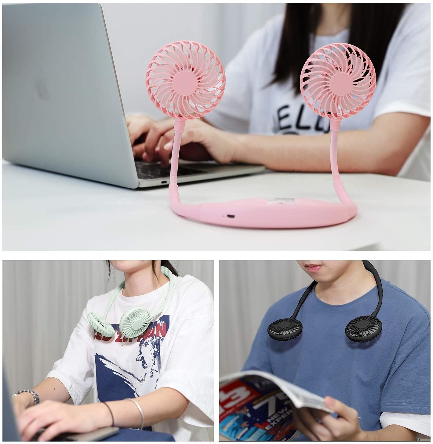 Two people wearing fans and one fan on a desk