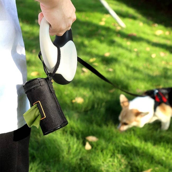 The black poop bag holder attached to a leash 