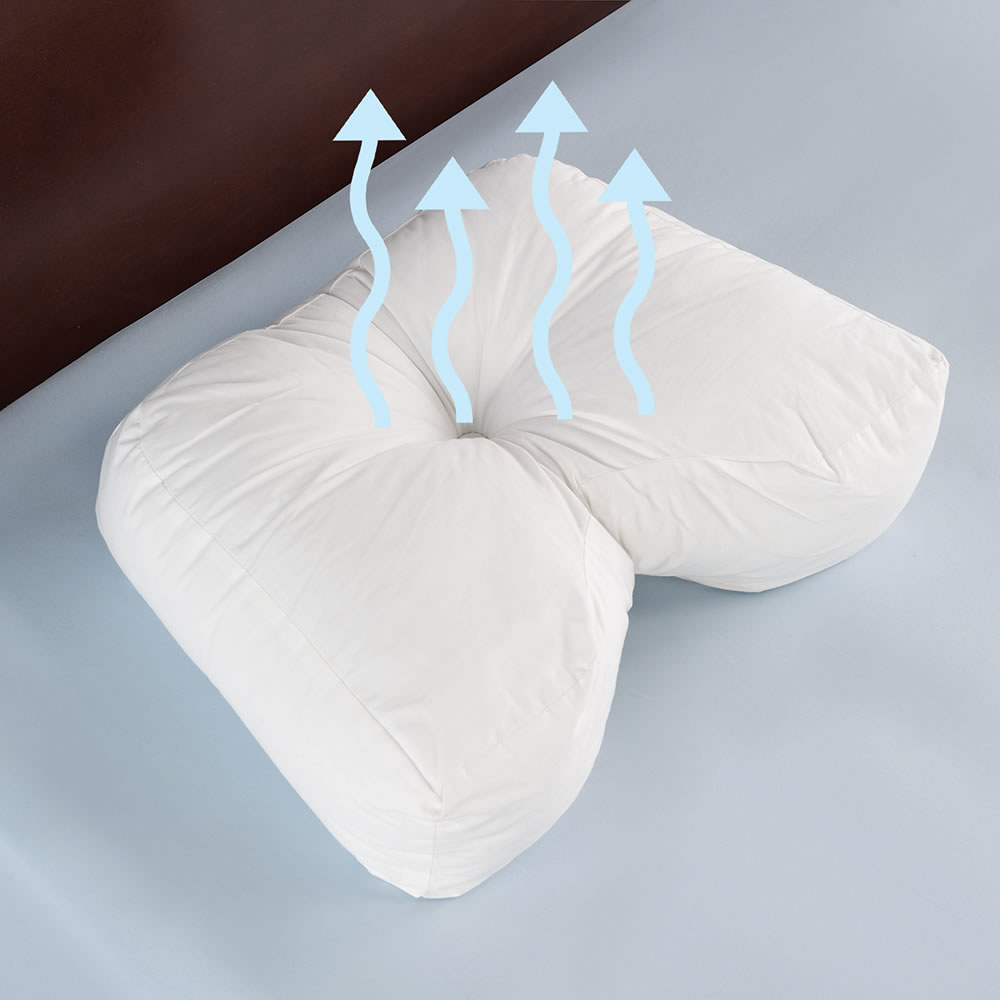 pillow with indention for head and cradling shoulders with cooling arrows coming from it