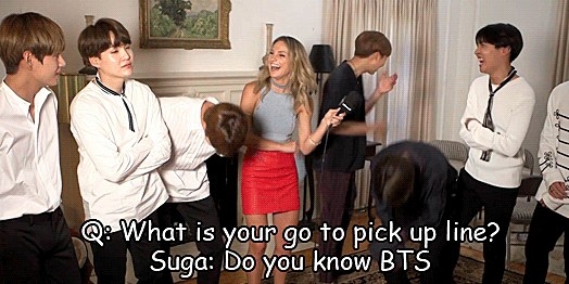 BTS laugh as an interview asks &quot;What is your go to pick up line&quot; and Suga answers &quot;Do you know BTS?&quot;