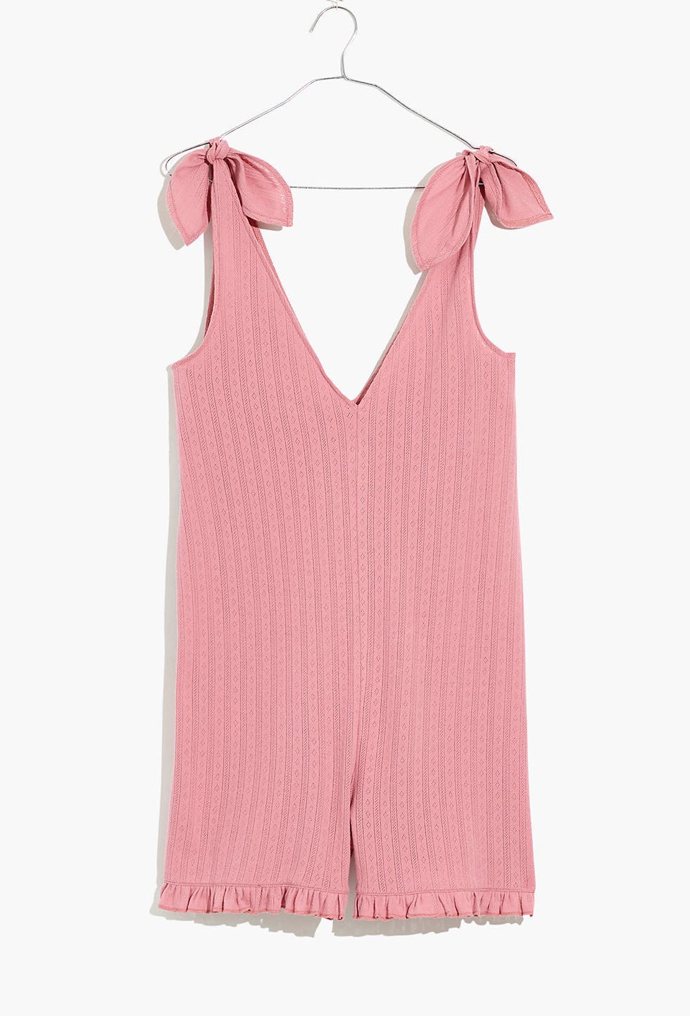 pink knit short romper with tank top bow sleeves and ruffles on the leg