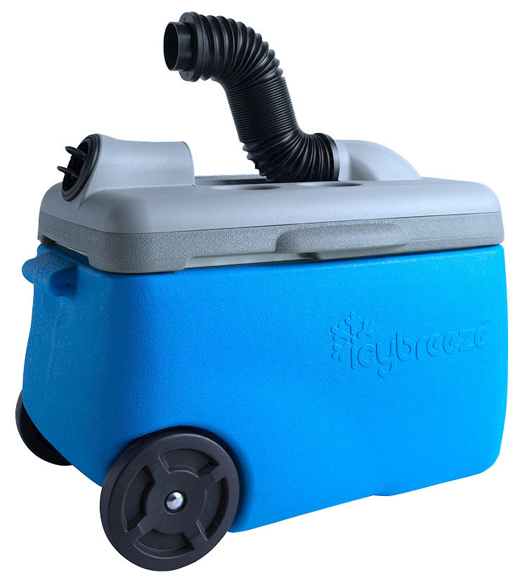 The cooler, which has a hose attachment on the top through which cold air blows
