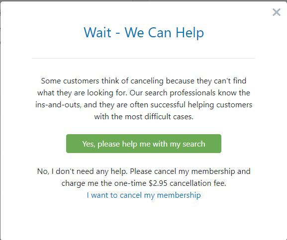 A cancellation page for a website that charges $2.95 to cancel the membership