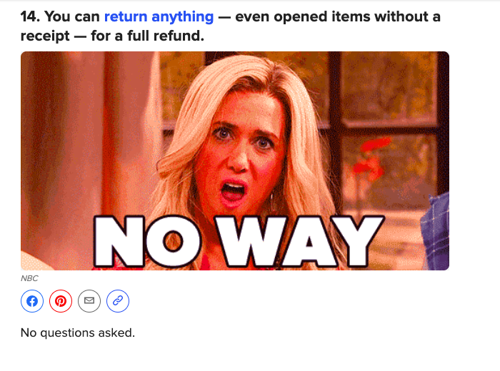 An image with text: &quot;You can return anything — even opened items without a receipt — for a full refund.&quot;