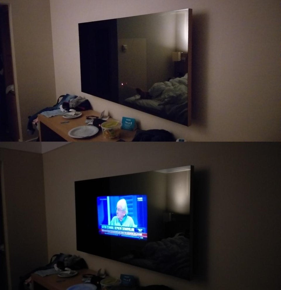 Top: a large-looking TV that is turned off, bottom: the same TV turned on, showing that the picture is much smaller than the whole screen