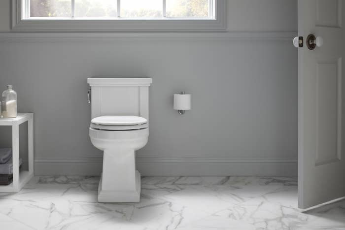 A front view of a white toilet and a roll of toilet paper in a bathroom