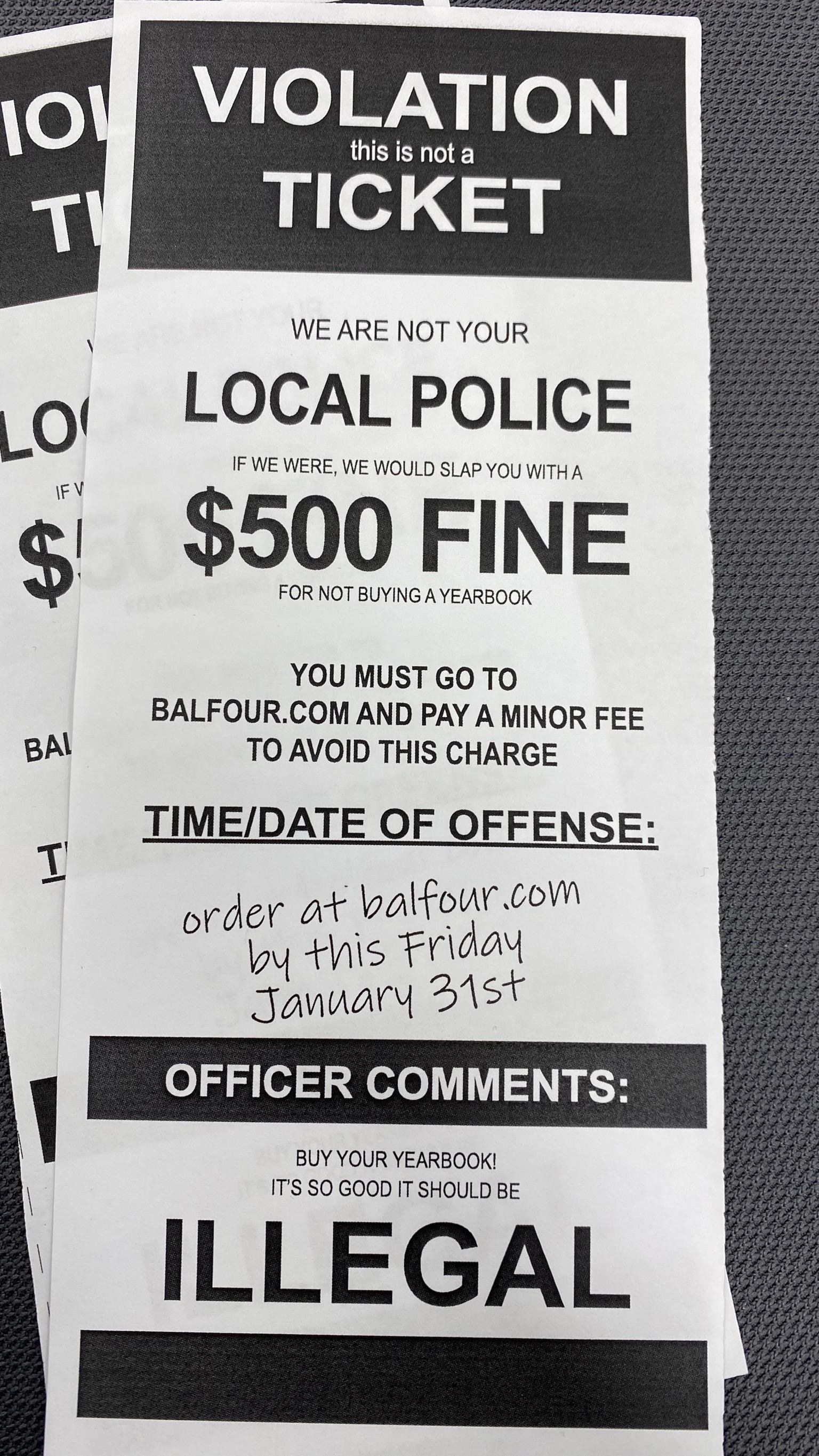 A piece of paper advertising for students to buy a yearbook that is made to look like a parking ticket