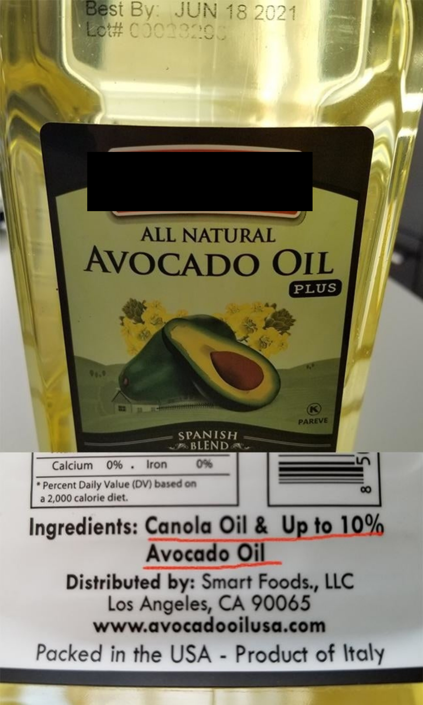 The label on a bottle of avocado oil that reads &quot;ingredients: canola oil &amp;amp; up to 10% avocado oil&quot;