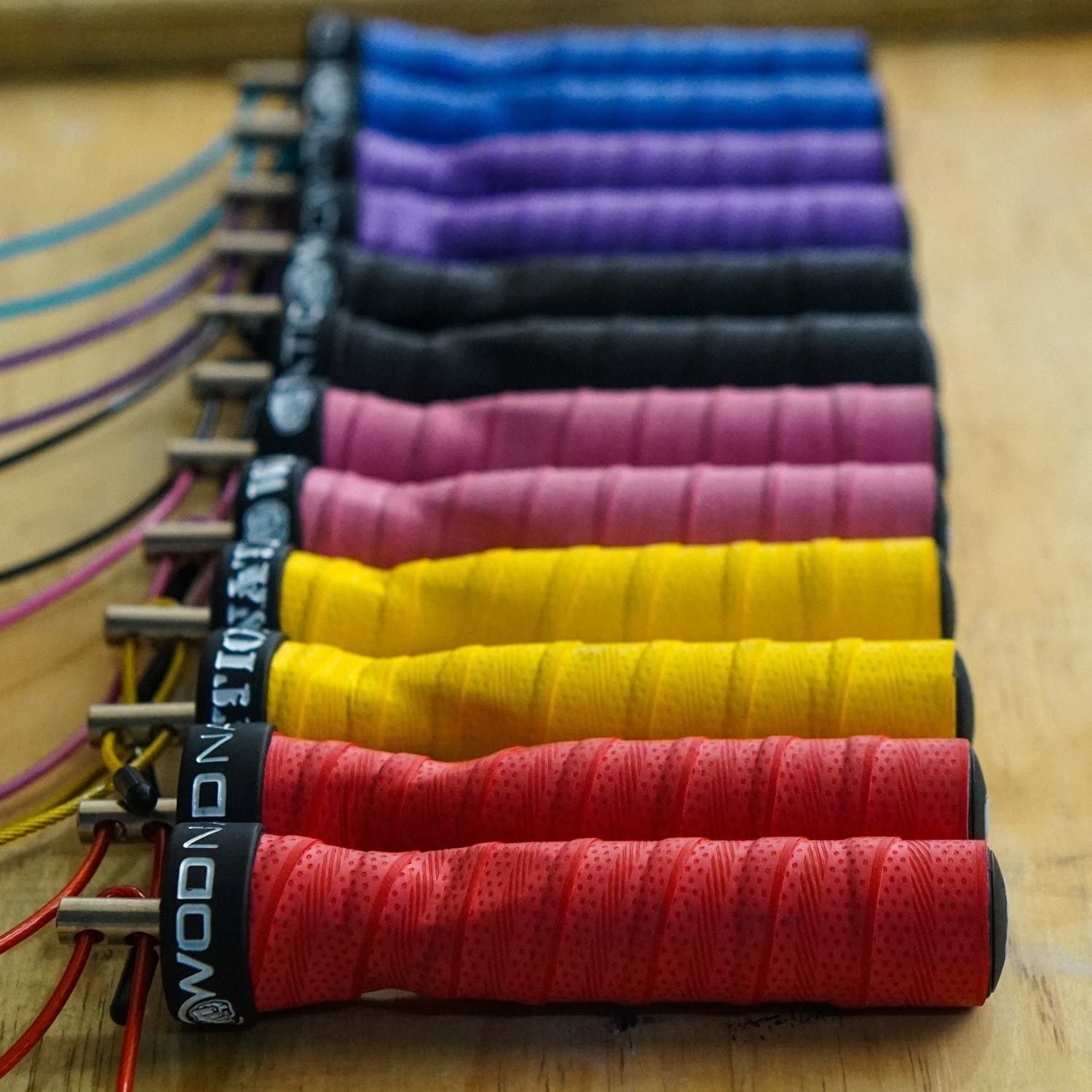 WOD Nation-branded jump ropes lined up in rainbow 