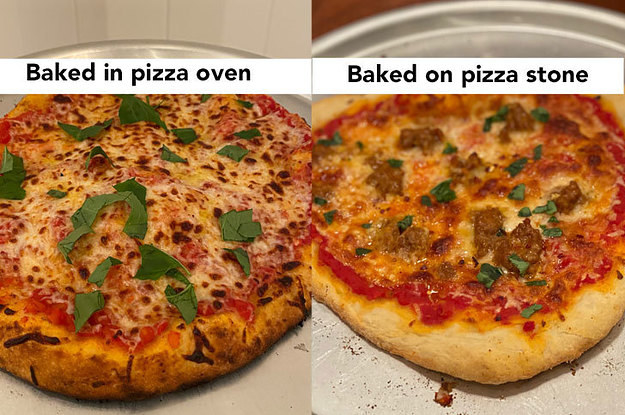 BuzzFeed Shopping member&#x27;s comparison of pizza baked in a pizza oven and another pizza baked on the stone to show they have similar quality 