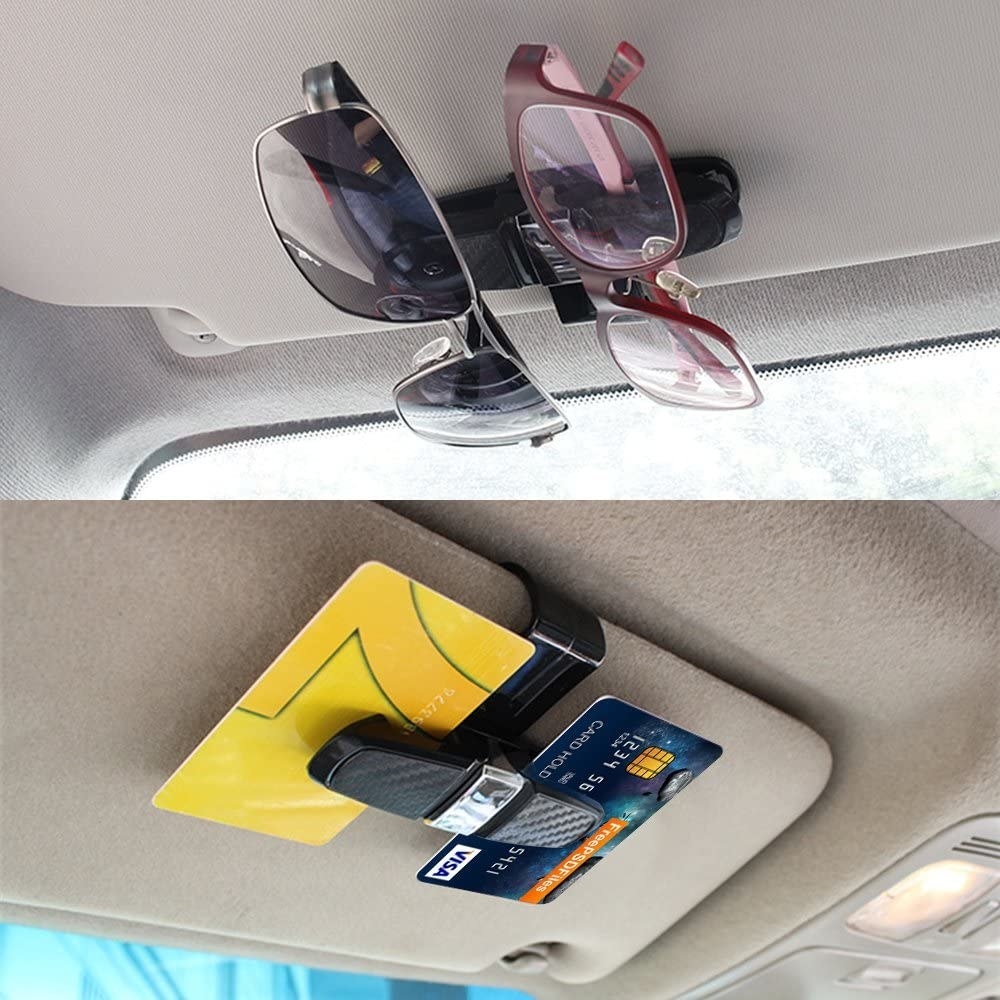 A shot of the sun visor clip being used to hold two pairs of sunglasses and a different photo of it holding onto two credit cards
