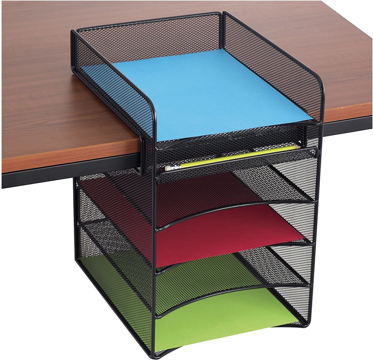 Metal mesh five-tray organizer in black with paper in three of the trays