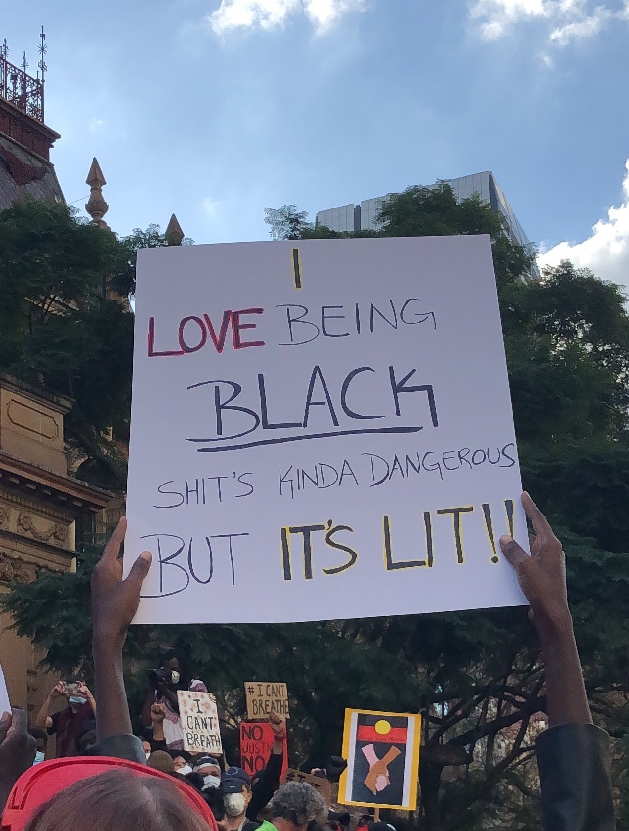 A protest sign reads &quot;I love being black! Shit&#x27;s kinda dangerous, but it&#x27;s lit&quot;.