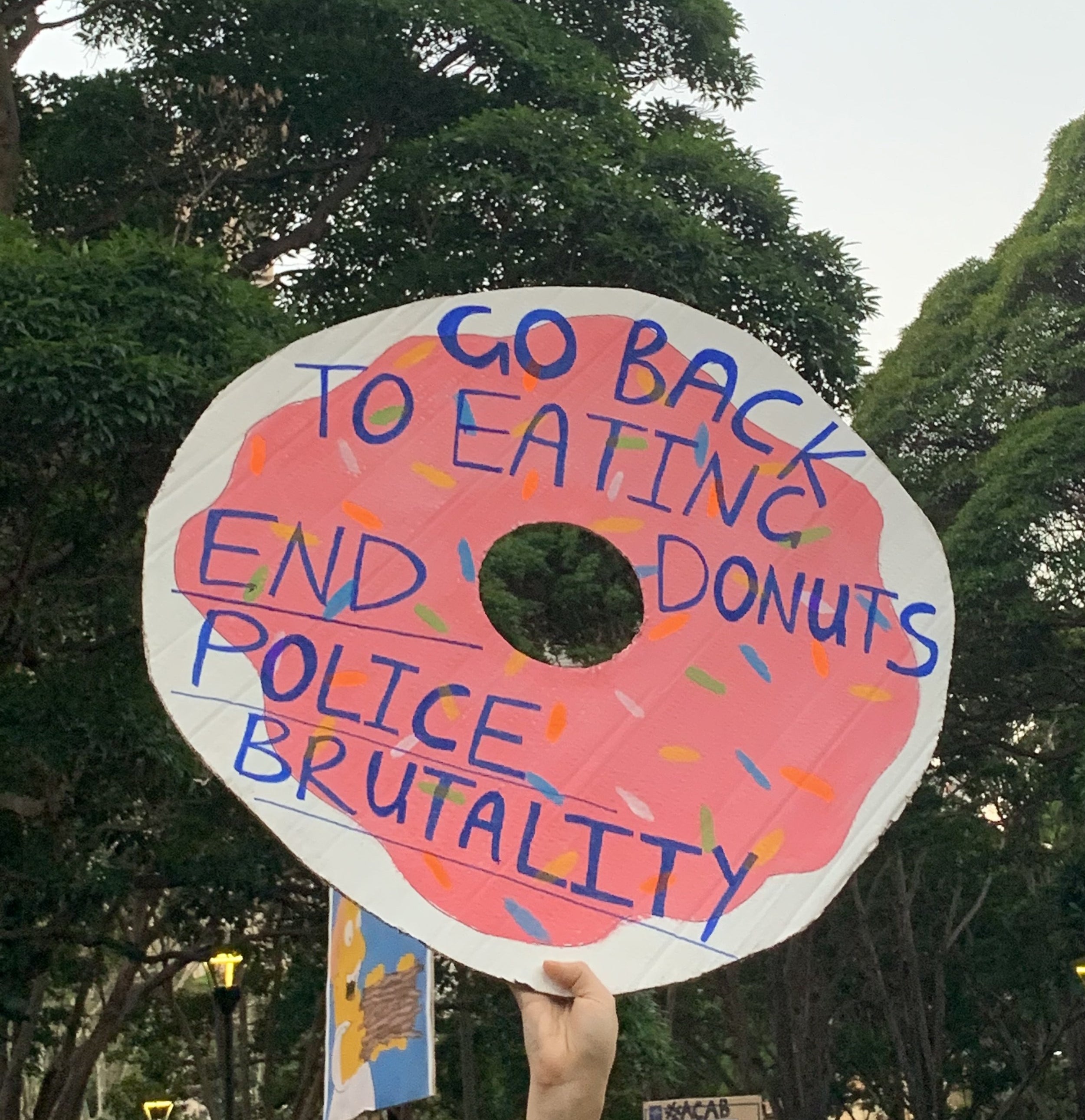 A protest sign reads &quot;Go back to eating donuts, end police brutality&quot;. 