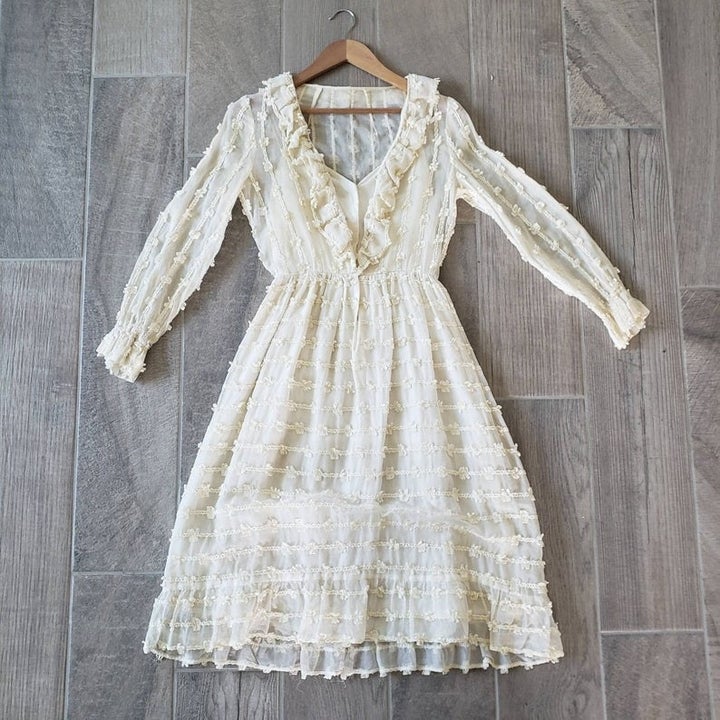 cream sheer midi dress with long sleeves