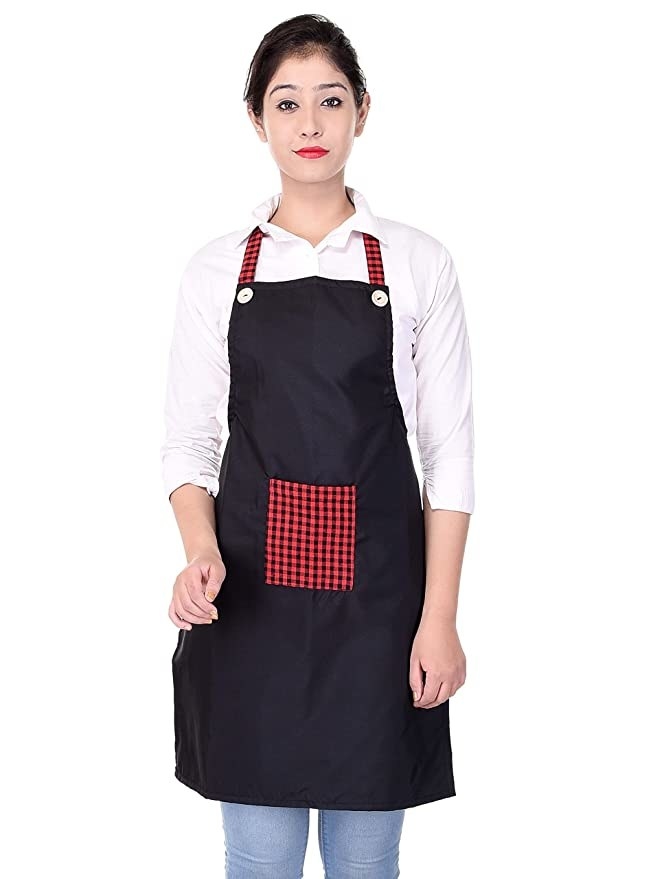 The apron has a checkered pocket and straps