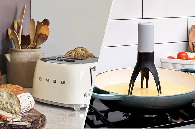 to the left: a white smeg toaster, to the right: an automatic pan stirrer