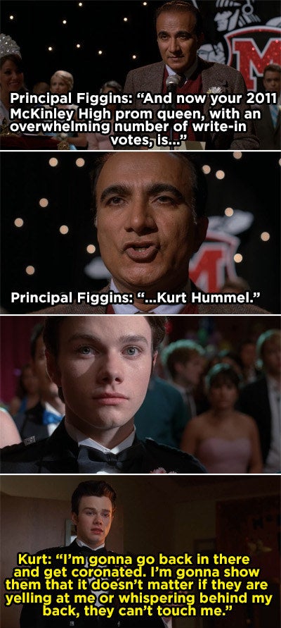 Principal Figgins announces Kurt as prom queen and Kurt tells Blaine he will stand up to his bullies