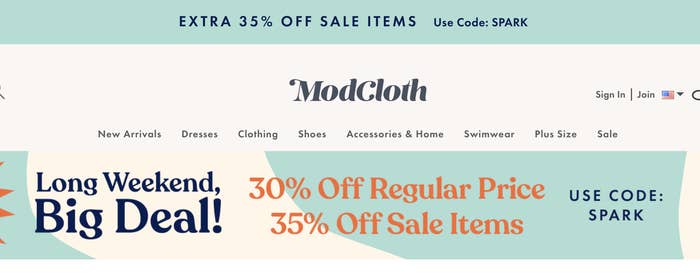 A ModCloth site banner announcing the sale 