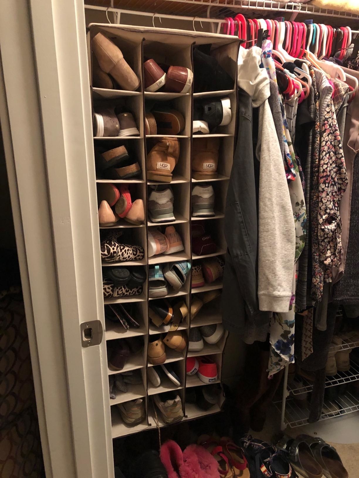 Review image of the 30-slot organizer holding shoes in their closet