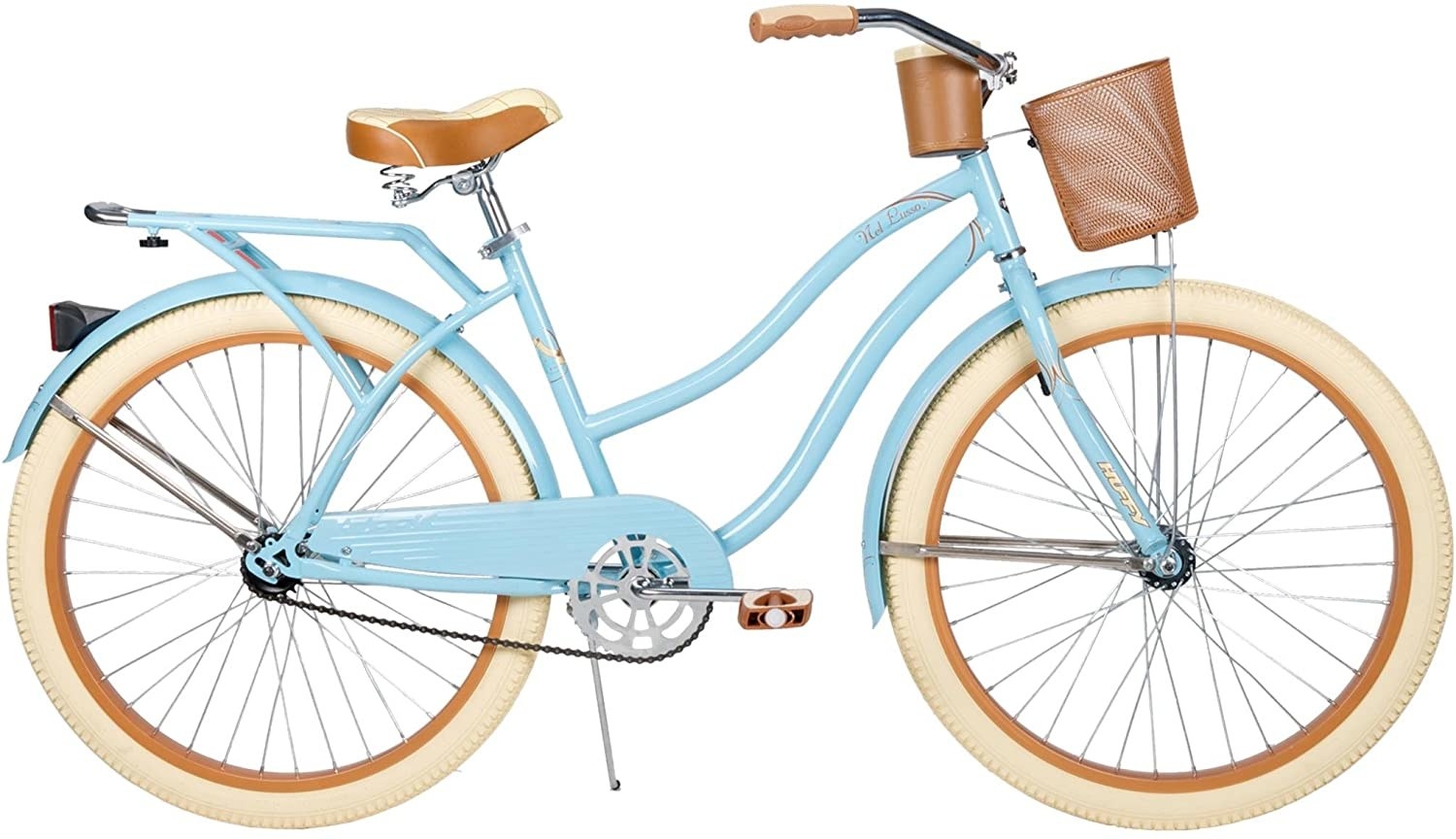 Huffy pastel blue bike with basket and cream tires
