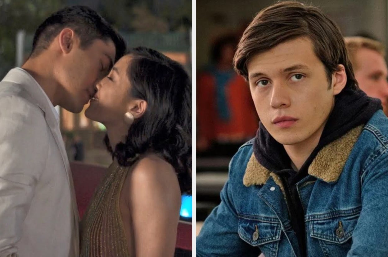 On the left, Henry Golding and Constance Wu share a kiss as Nick and Rachel in "Crazy Rich Asians," and on the right, Nick Robinson stares ahead and wears a denim jacket as Simon in "Love, Simon"