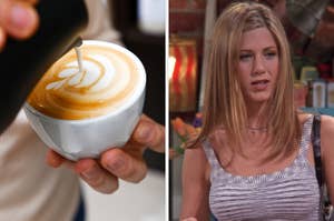 On the left, a barista make leaf-shaped latte art with milk, and on the right Rachel from "Friends"