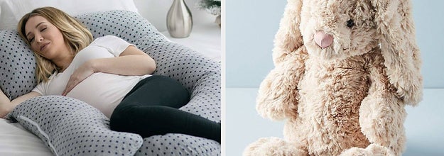 to the left: a woman laying within a body pillow, to the right: a soft plush bunny toy