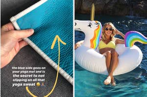 on the left, a yoga mat and on the right, a unicorn pool float