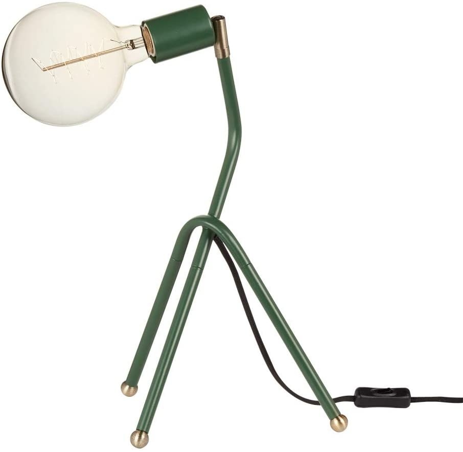 green tripod with exposed bulb at the top and wire with button switch 