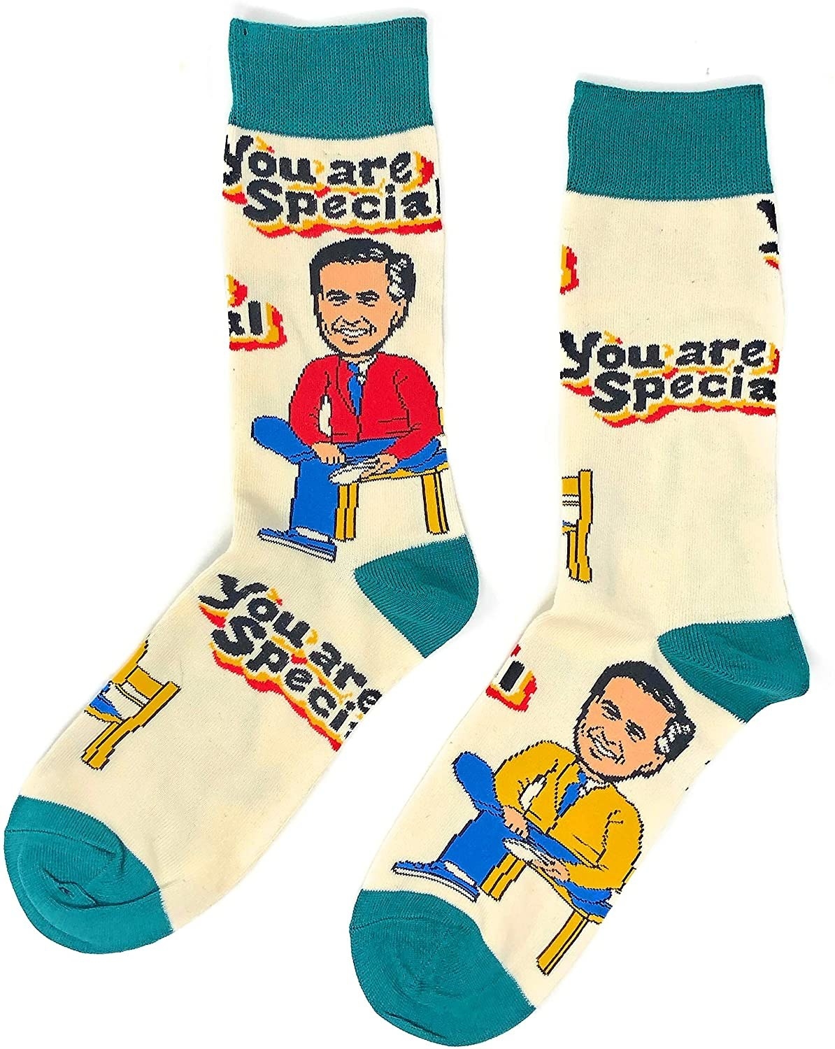 a pair of socks with print of mr rogers changing his shoes that says you are special 