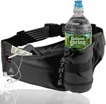 Black running belt with a small zippered pocket and water bottle slot