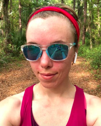 Reviewer wears same polarized sunglasses while spending time on a trail