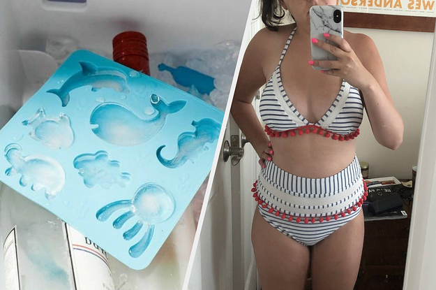 to the left: a silicone ice cube mold of sea creatures, to the right: someone wearing a bikini with pom poms on the edges